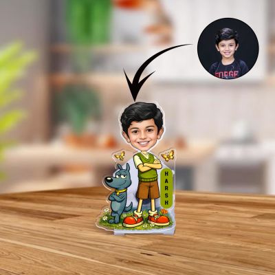 Personalized Boy Bobblehead Caricature with Dog and Butterflies, Solar Powered Moving Head for Car Interior Decor Accessories & Home Decor Funny Birthday Gift for Kids